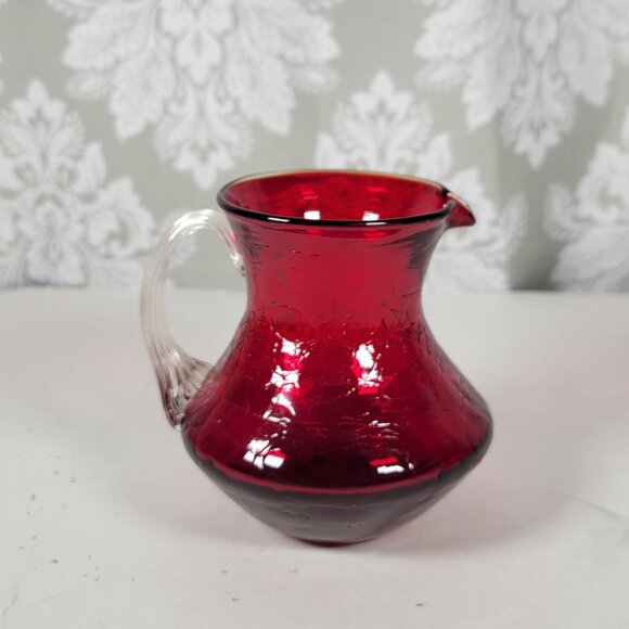 Vintage Cranberry Crackle Glass Miniature Pitcher/Creamer- Applied Handle 3.5” - Picture 3 of 8